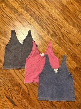 Teen Ribbed V-Neck Tank Tops — Pink, Gray, Blue